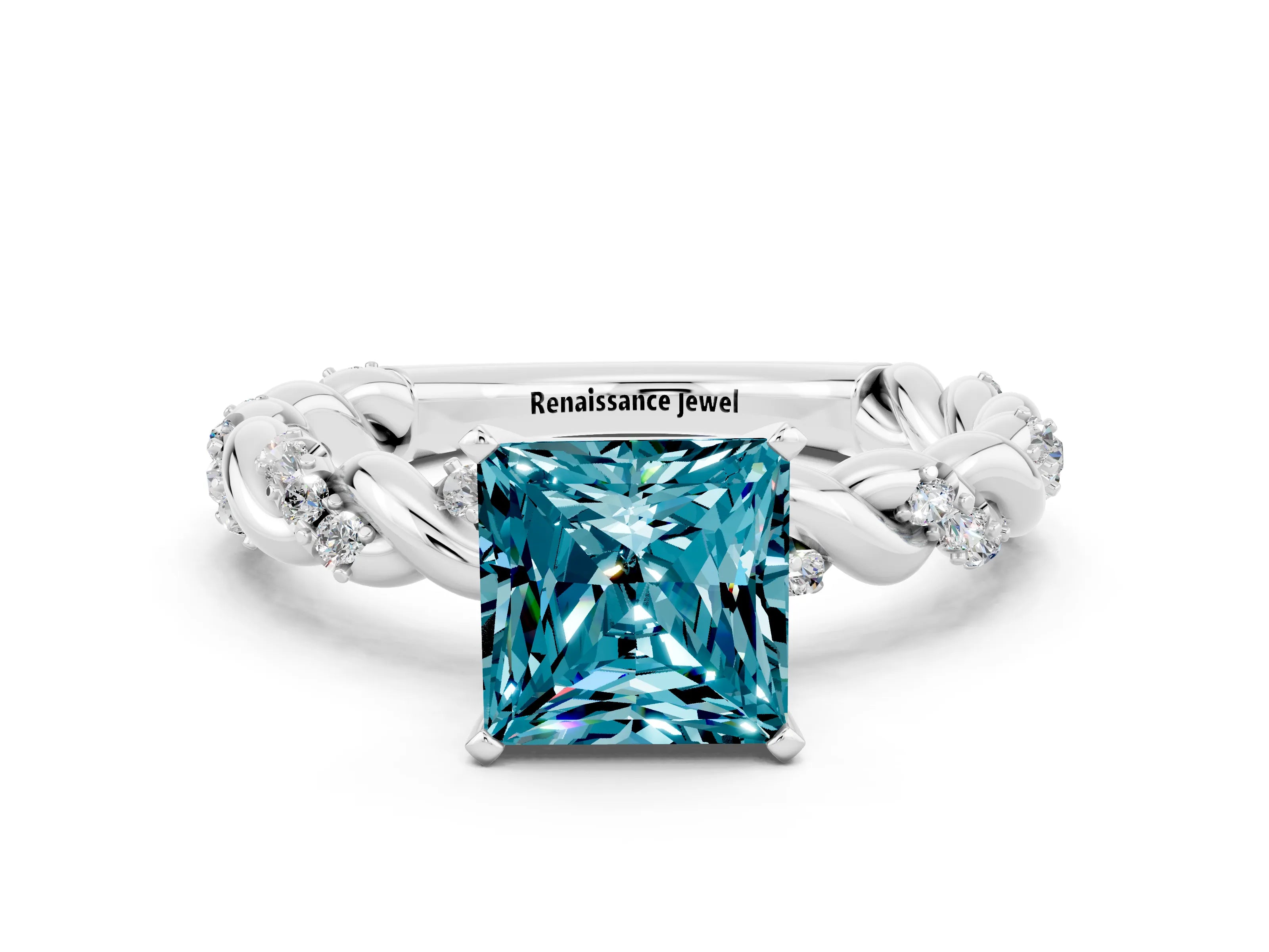 White gold Princess Cut Blue Topaz Solitaire Ring with Twisted Band and Pavé Accents