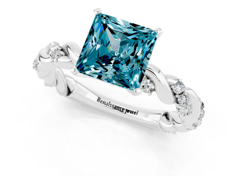 White gold Princess Cut Blue Topaz Solitaire Ring with Twisted Band and Pavé Accents_1