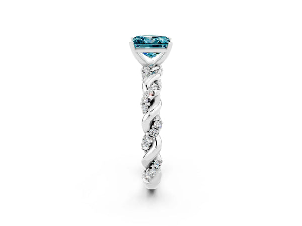 White gold Princess Cut Blue Topaz Solitaire Ring with Twisted Band and Pavé Accents