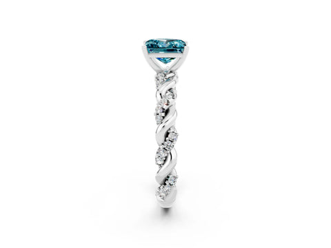 White gold Princess Cut Blue Topaz Solitaire Ring with Twisted Band and Pavé Accents_2