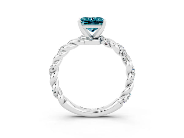Platinum Princess Cut Blue Topaz Solitaire Ring with Twisted Band and Pavé Accents