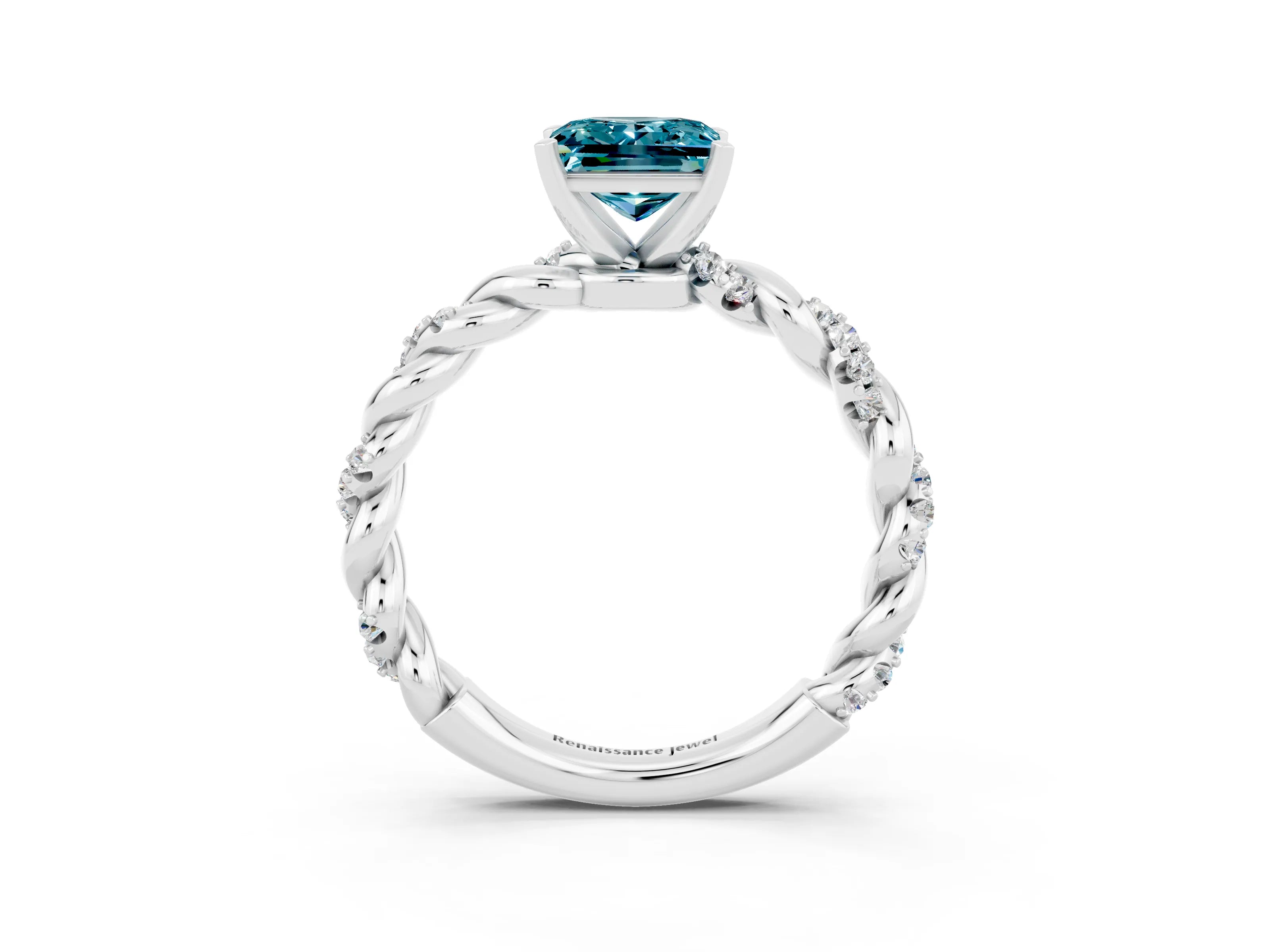 White gold Princess Cut Blue Topaz Solitaire Ring with Twisted Band and Pavé Accents_3