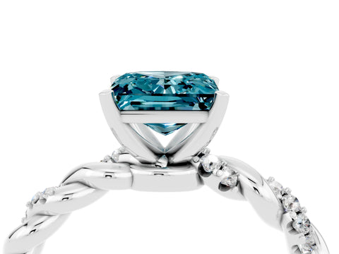White gold Princess Cut Blue Topaz Solitaire Ring with Twisted Band and Pavé Accents_4
