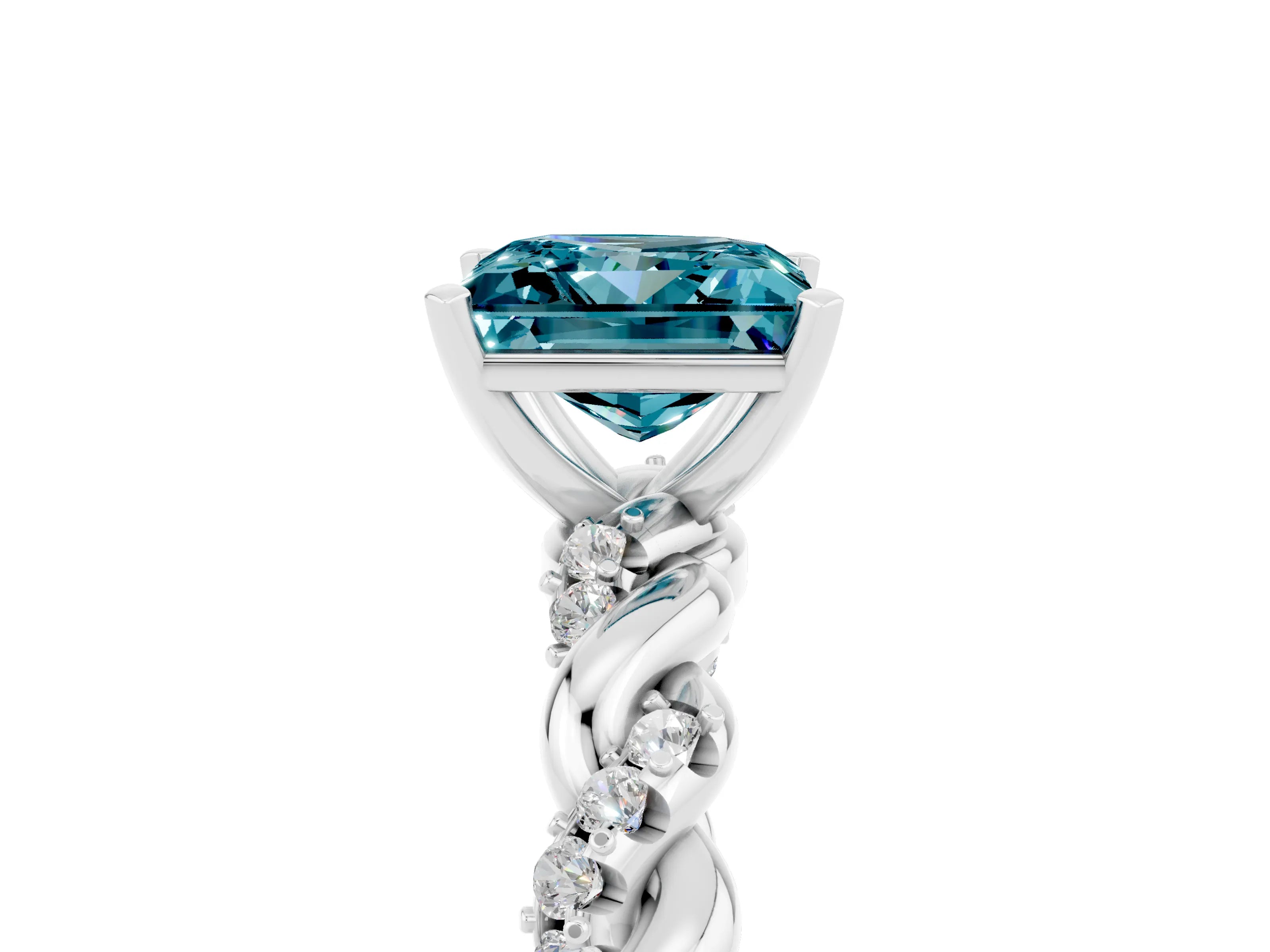 White gold Princess Cut Blue Topaz Solitaire Ring with Twisted Band and Pavé Accents_5