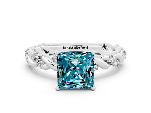 White gold Princess Cut Blue Topaz Solitaire Ring with Twisted Band and Pavé Accents