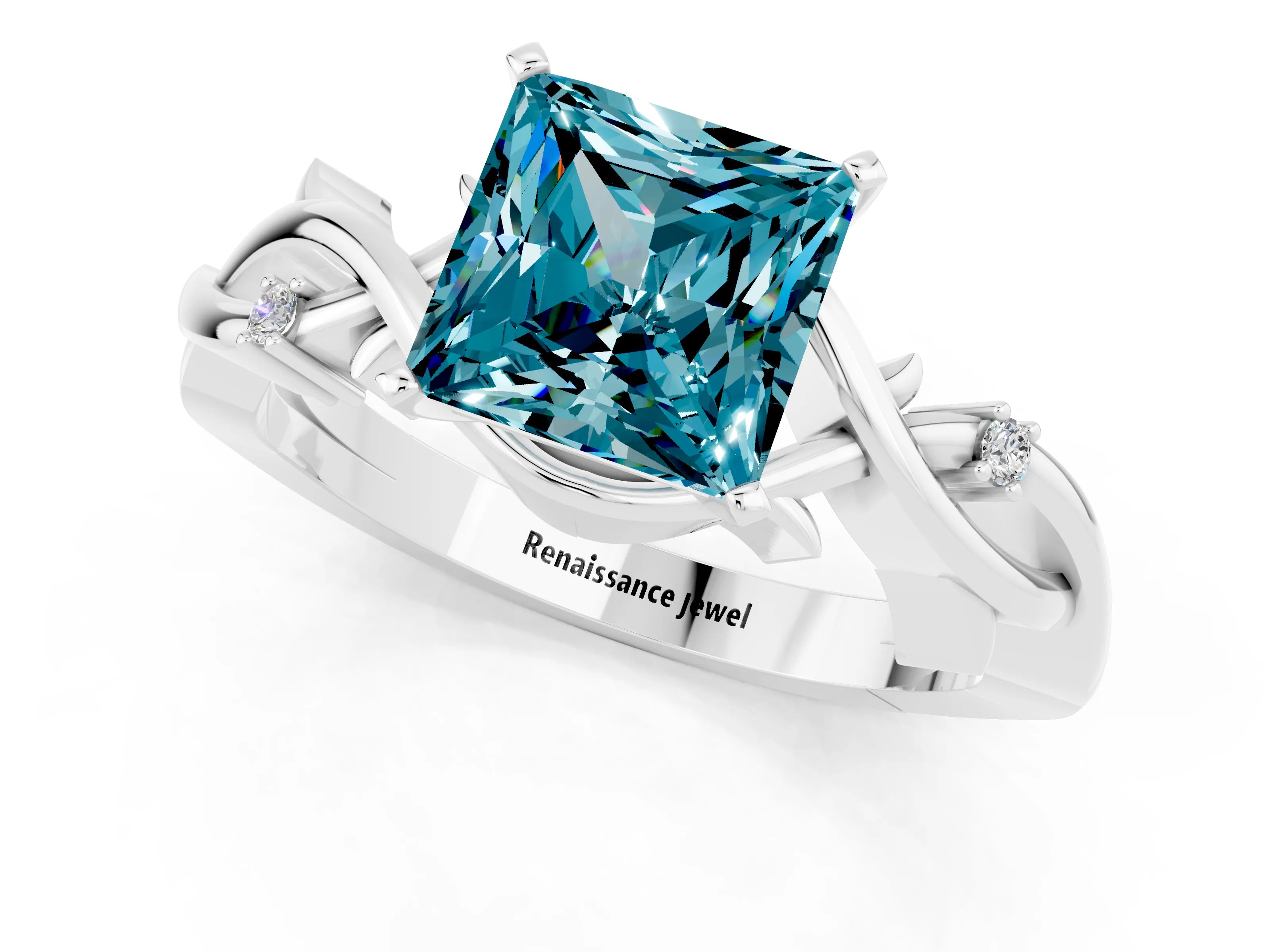 White gold Princess Cut Blue Topaz Solitaire Ring with Twisted Band and Prong Setting_1