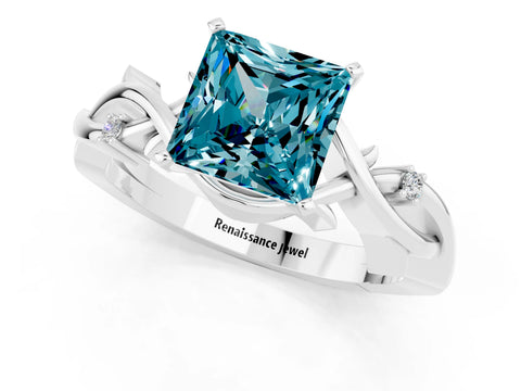 White gold Princess Cut Blue Topaz Solitaire Ring with Twisted Band and Prong Setting_1