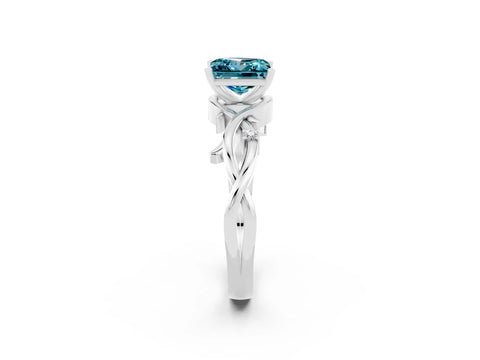 White gold Princess Cut Blue Topaz Solitaire Ring with Twisted Band and Prong Setting_2