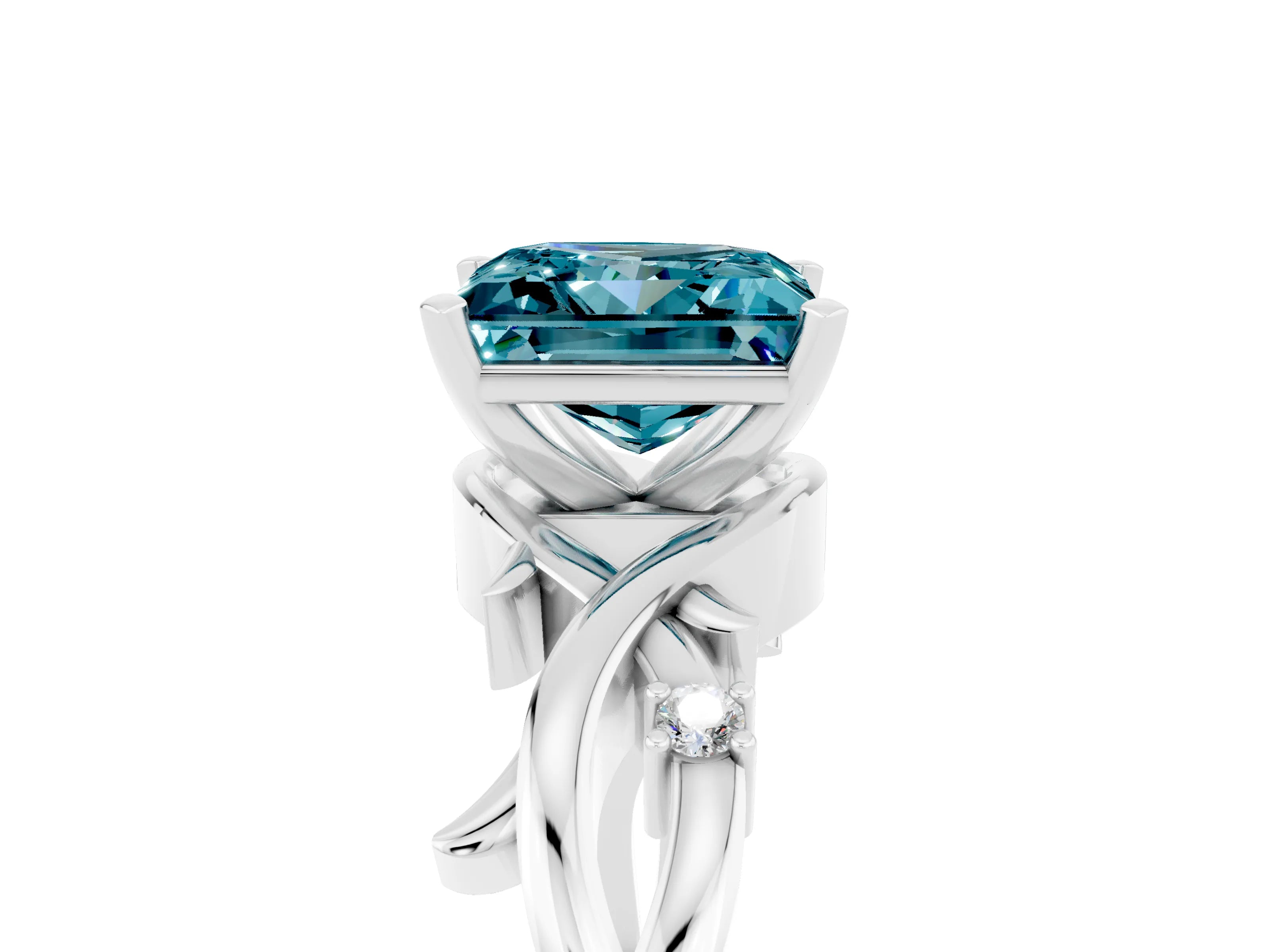 White gold Princess Cut Blue Topaz Solitaire Ring with Twisted Band and Prong Setting_5