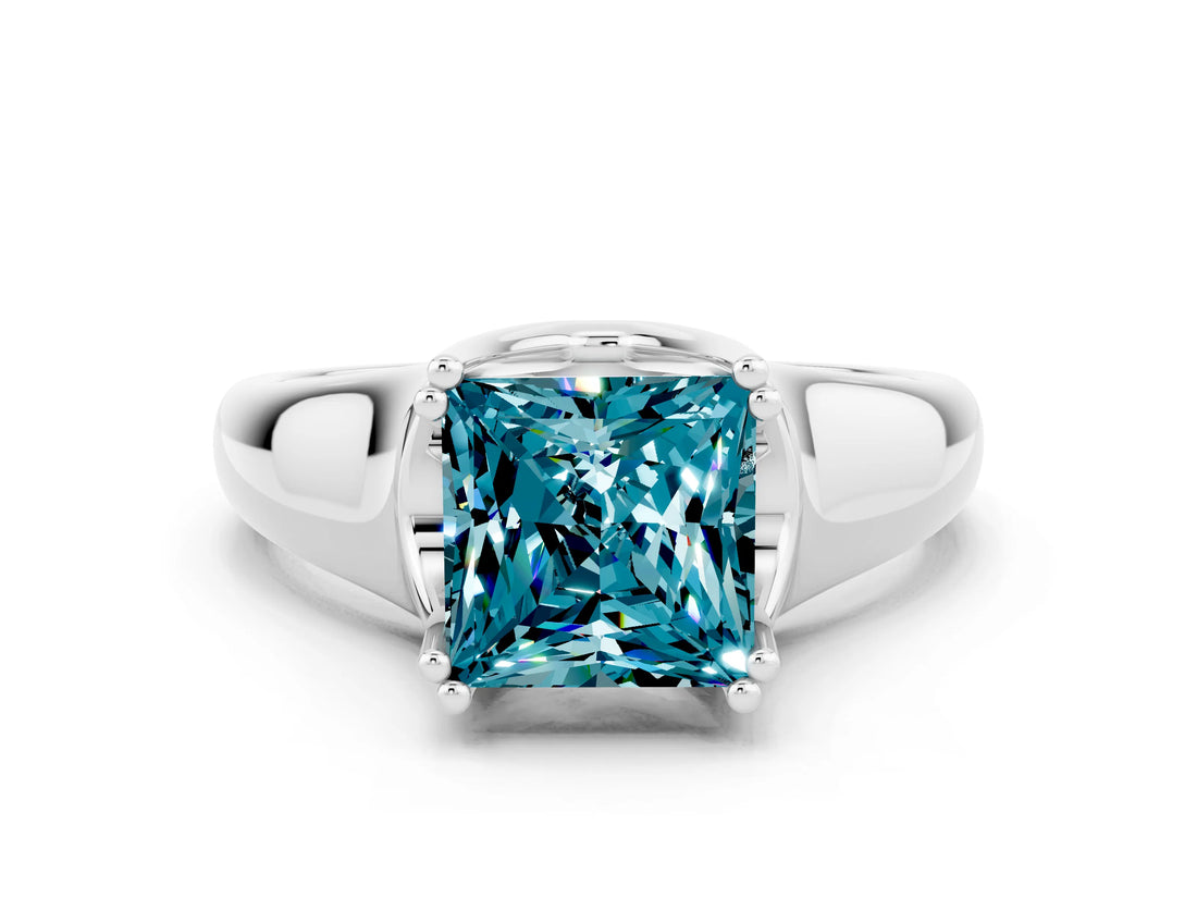 White gold Princess Cut Blue Topaz Solitaire Ring with Wide Band and Prong Setting