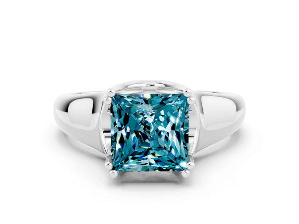 Platinum Princess Cut Blue Topaz Solitaire Ring with Wide Band and Prong Setting