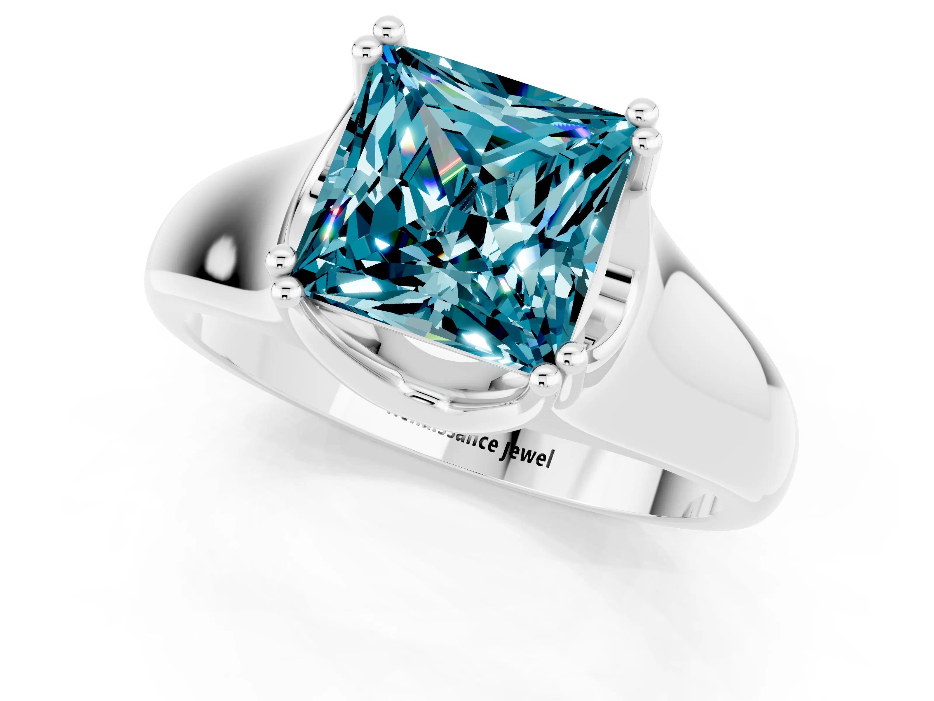 White gold Princess Cut Blue Topaz Solitaire Ring with Wide Band and Prong Setting_1