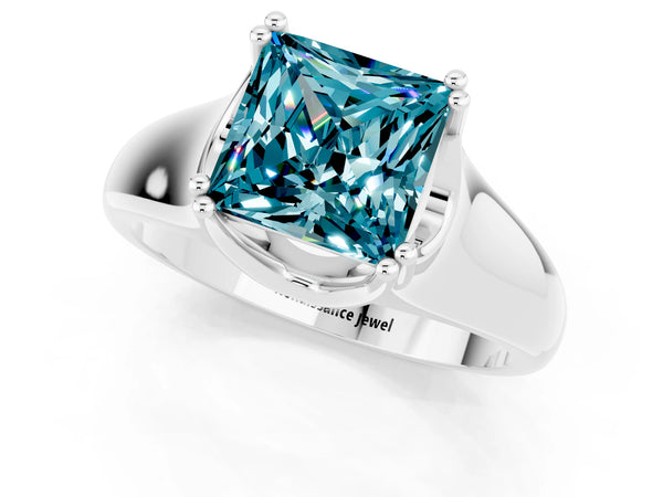 White gold Princess Cut Blue Topaz Solitaire Ring with Wide Band and Prong Setting