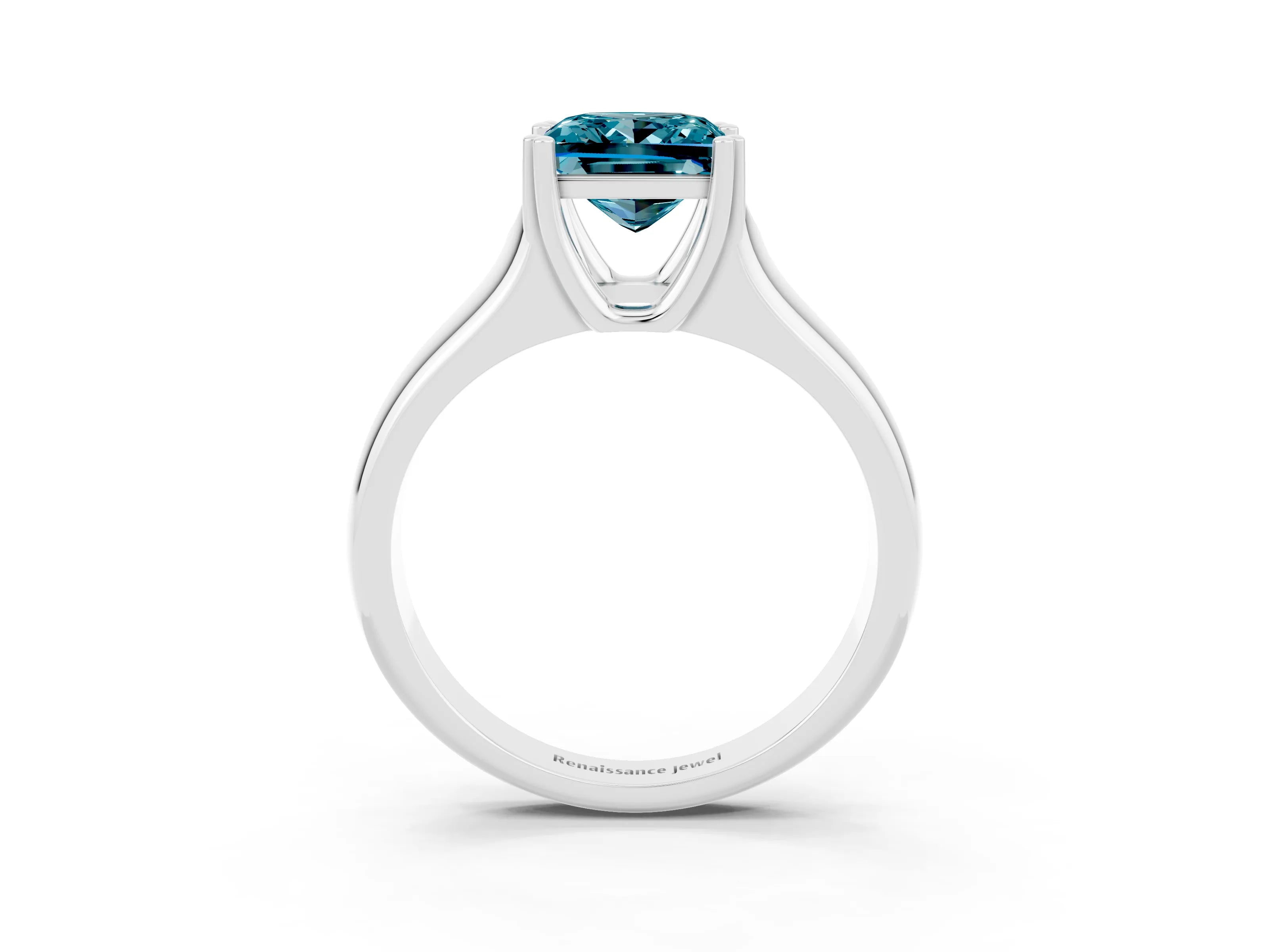 White gold Princess Cut Blue Topaz Solitaire Ring with Wide Band and Prong Setting_3