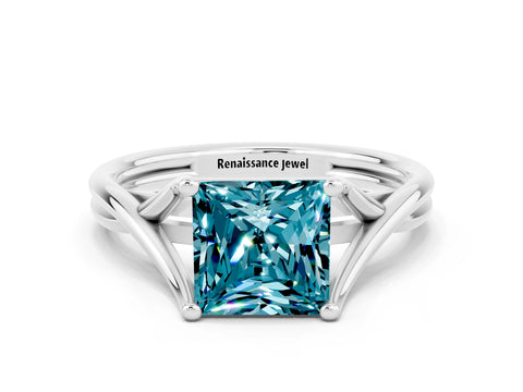 White gold Princess Cut Blue Topaz Solitaire Twist Band Prong Setting Ring_54