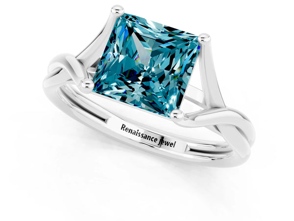 Silver Princess Cut Blue Topaz Solitaire Twist Band Prong Setting Ring