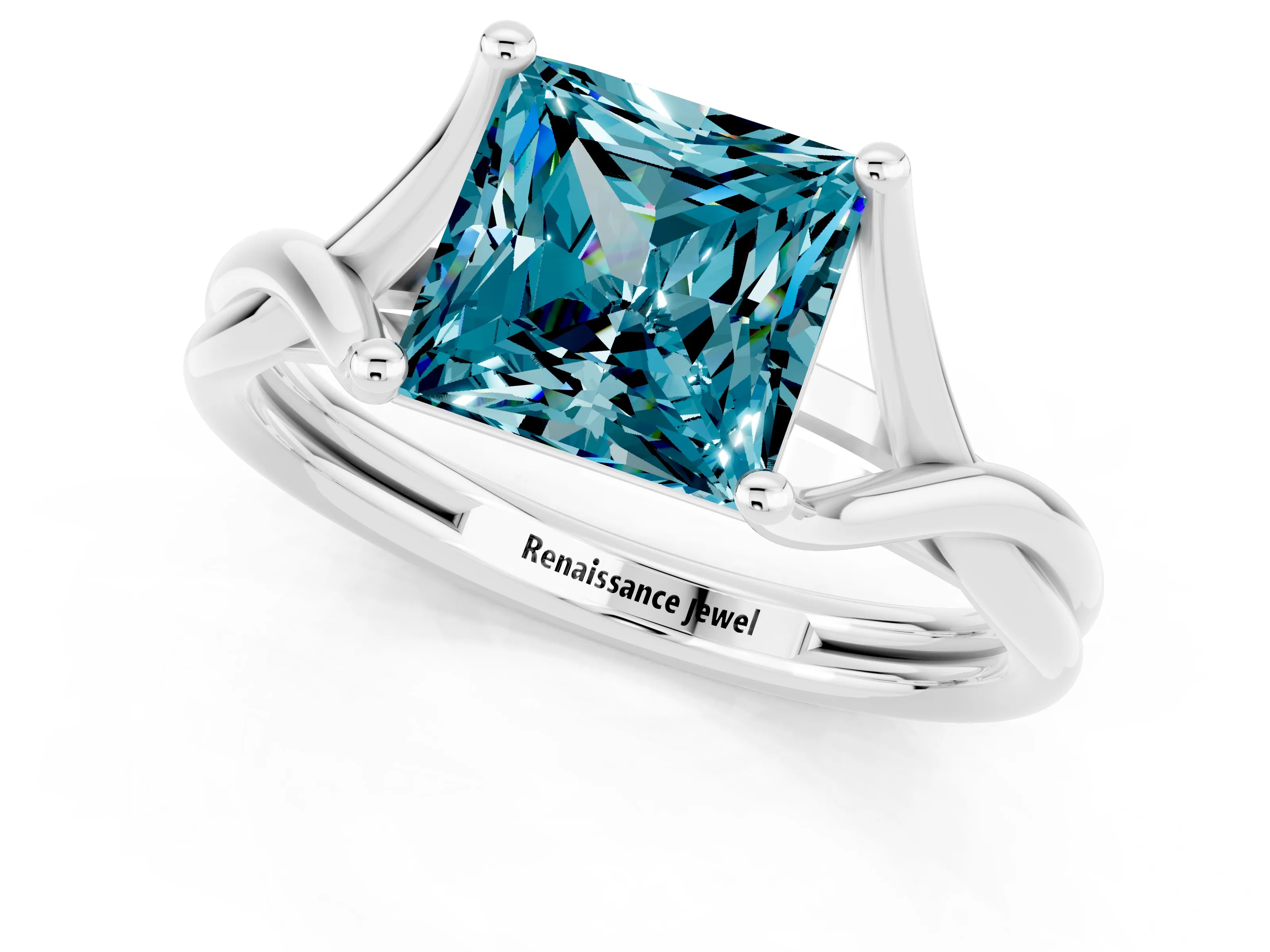 White gold Princess Cut Blue Topaz Solitaire Twist Band Prong Setting Ring_61