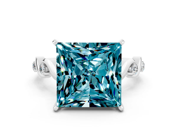 Silver Princess Cut Blue Topaz Solitaire Twisted Band with Round  Accents and Prong Setting