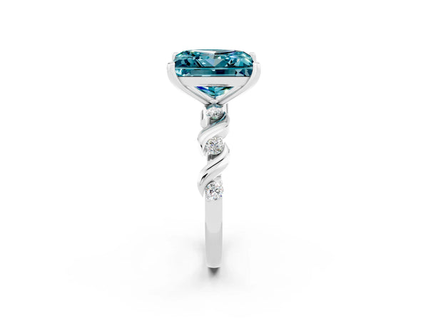Silver Princess Cut Blue Topaz Solitaire Twisted Band with Round  Accents and Prong Setting