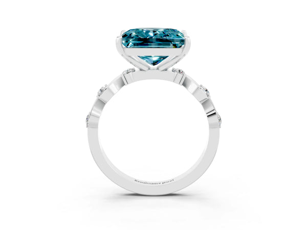 Silver Princess Cut Blue Topaz Solitaire Twisted Band with Round  Accents and Prong Setting
