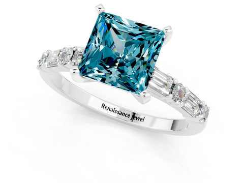 White gold Princess Cut Blue Topaz Solitaire with Side Baguettes and Channel Set Band_1
