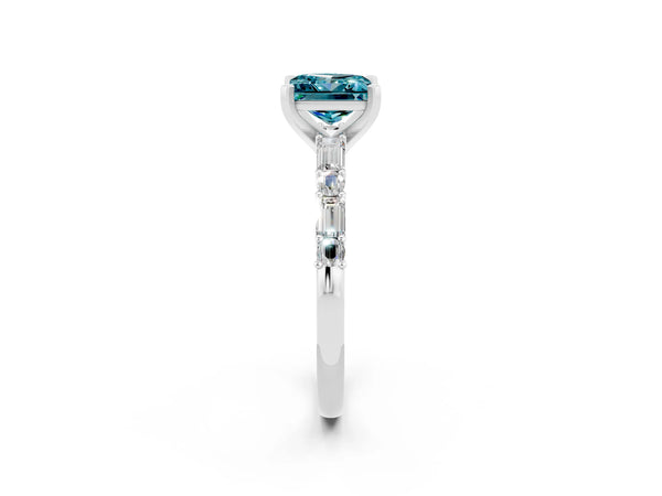 Platinum Princess Cut Blue Topaz Solitaire with Side Baguettes and Channel Set Band