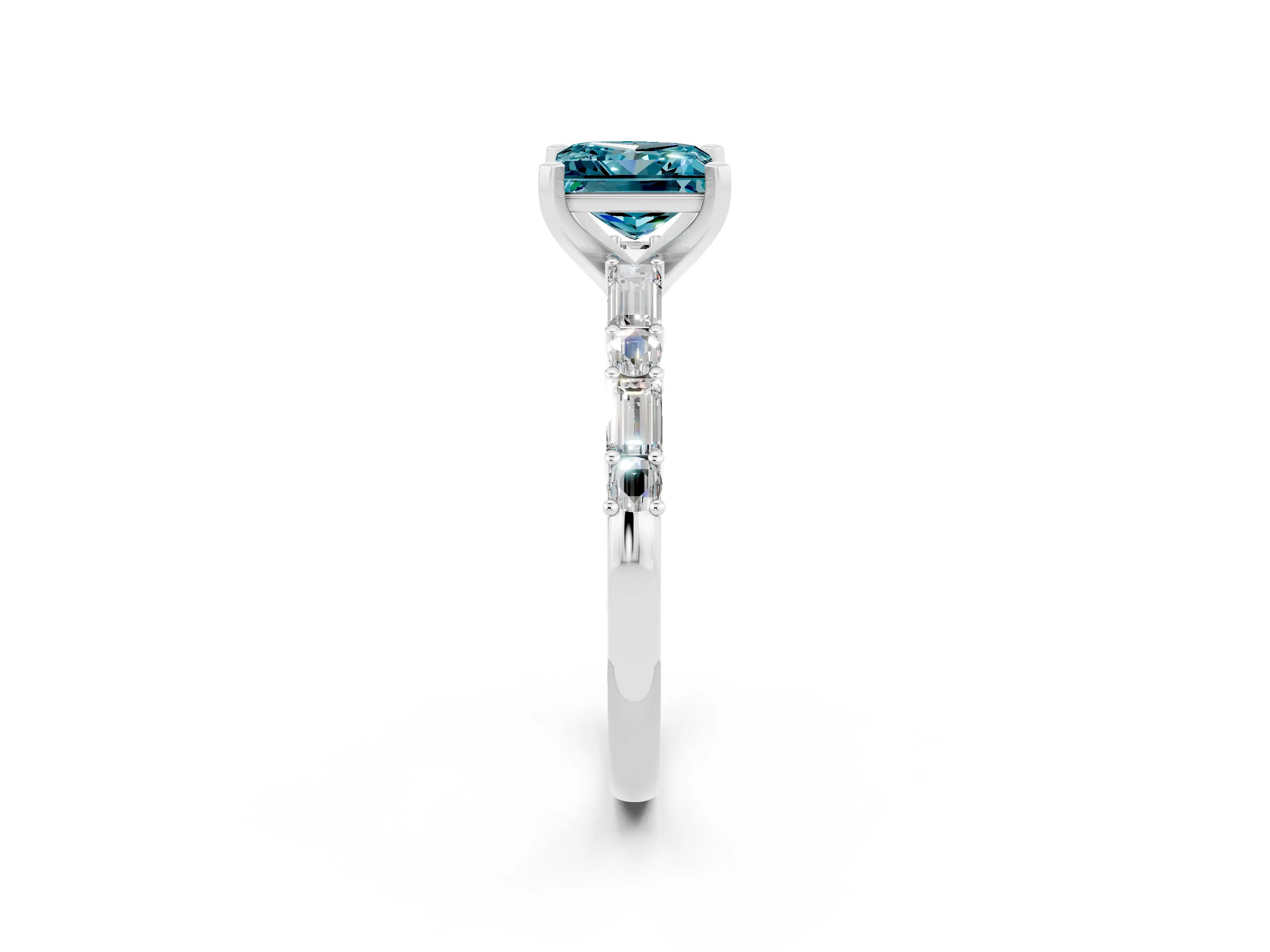 White gold Princess Cut Blue Topaz Solitaire with Side Baguettes and Channel Set Band_2