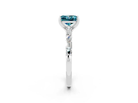 White gold Princess Cut Blue Topaz Solitaire with Side Baguettes and Channel Set Band_2