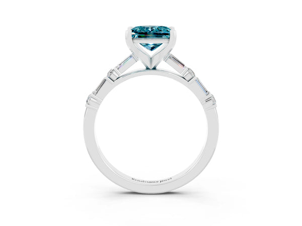 Platinum Princess Cut Blue Topaz Solitaire with Side Baguettes and Channel Set Band