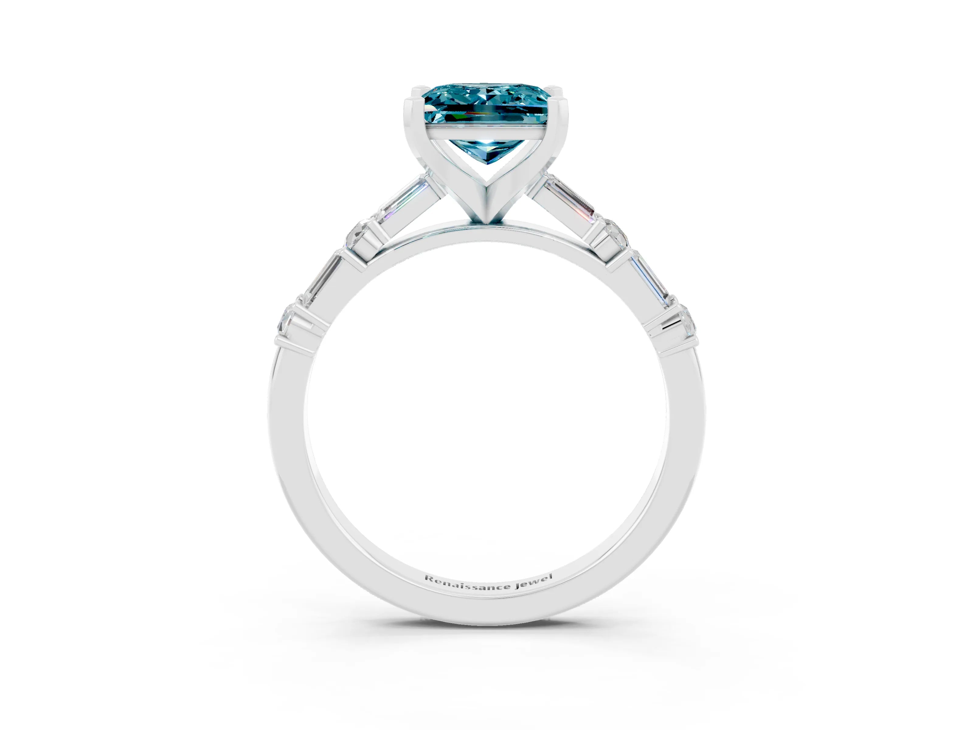 White gold Princess Cut Blue Topaz Solitaire with Side Baguettes and Channel Set Band_3