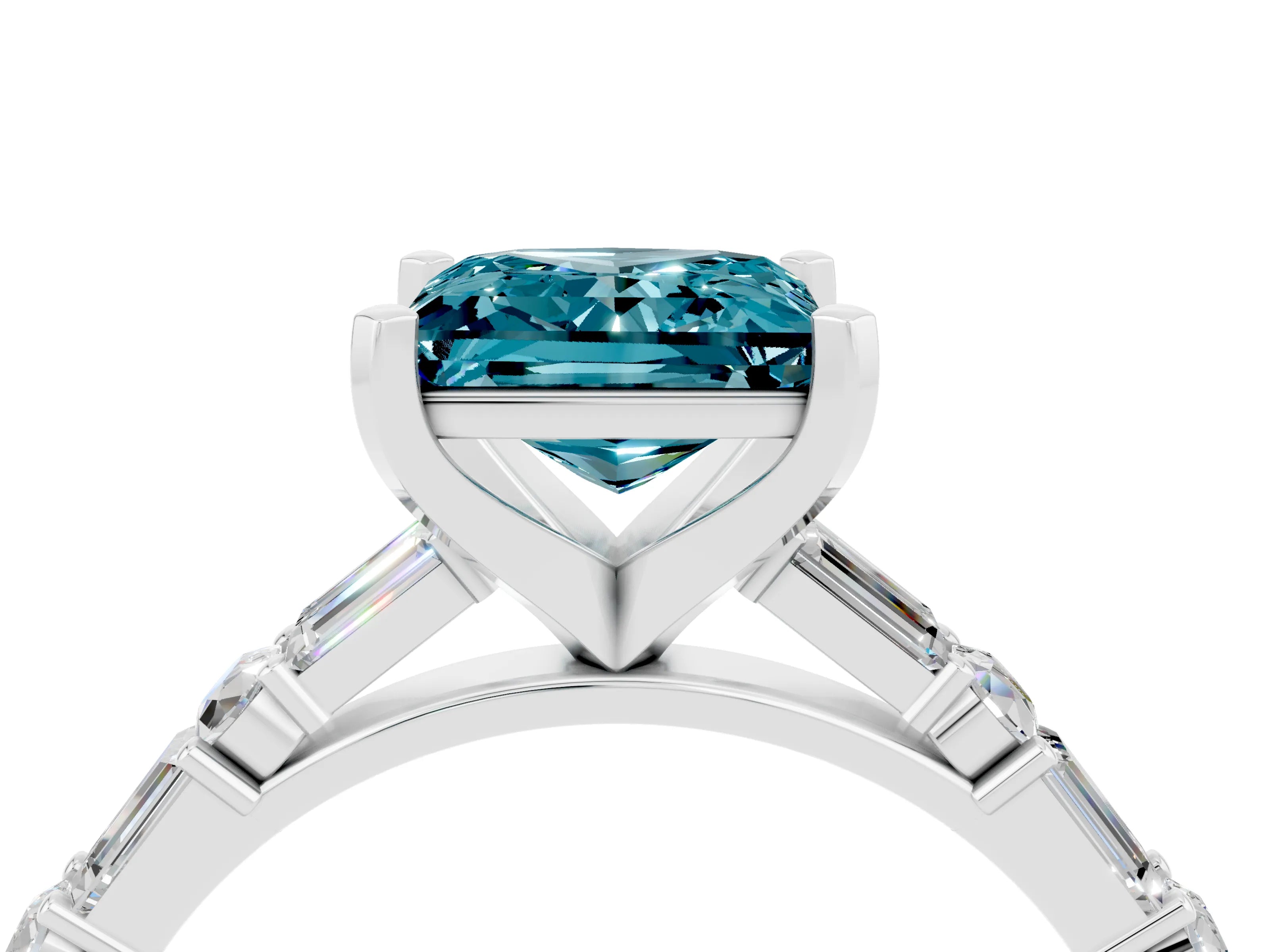 White gold Princess Cut Blue Topaz Solitaire with Side Baguettes and Channel Set Band_4
