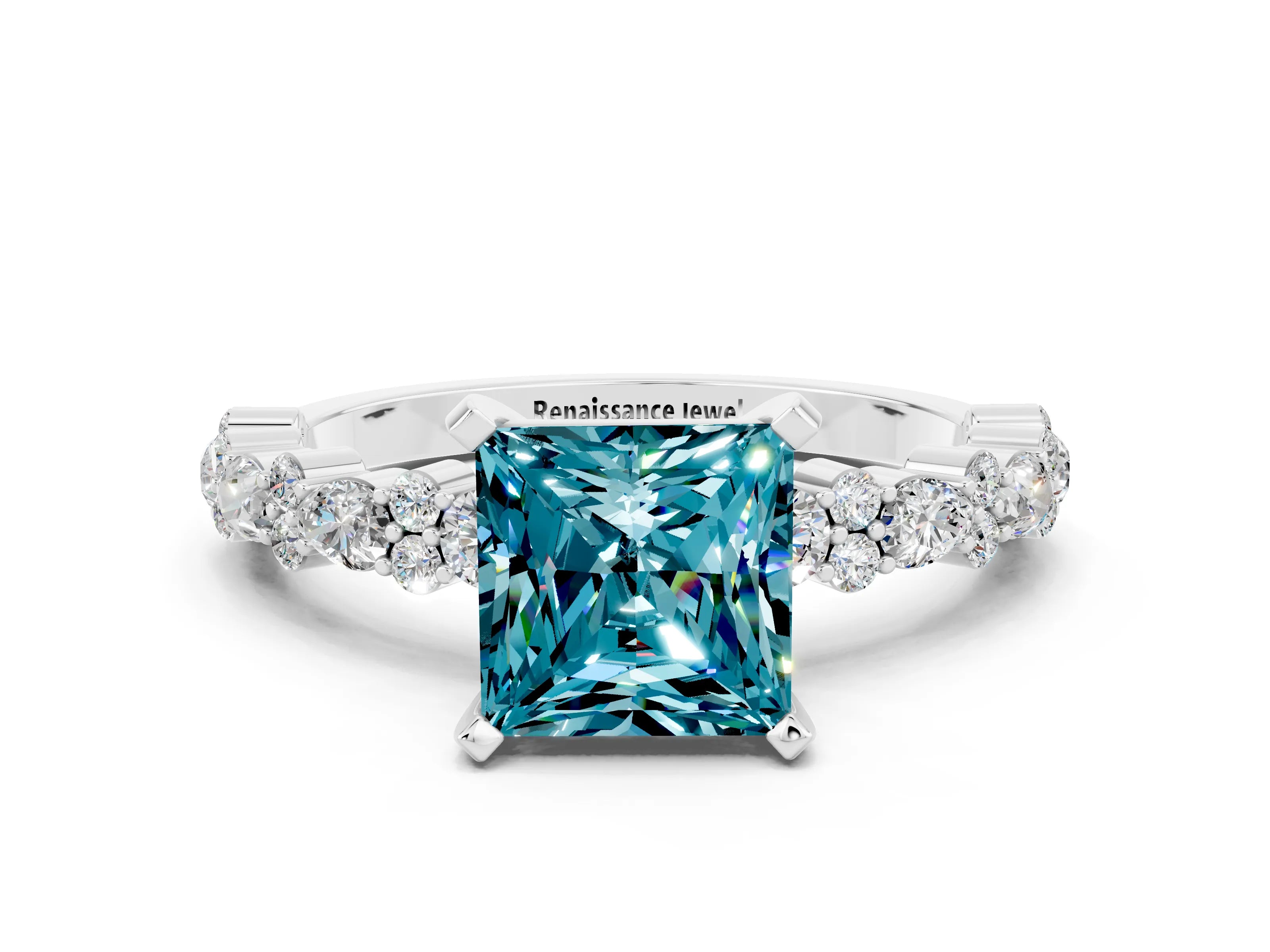 White gold Princess Cut Blue Topaz Solitaire with Side Stones, Pave Band, Four-Prong Setting_24