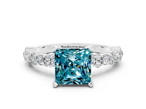 White gold Princess Cut Blue Topaz Solitaire with Side Stones, Pave Band, Four-Prong Setting_24