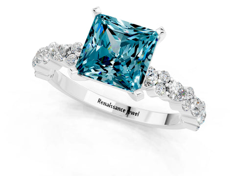 White gold Princess Cut Blue Topaz Solitaire with Side Stones, Pave Band, Four-Prong Setting_25