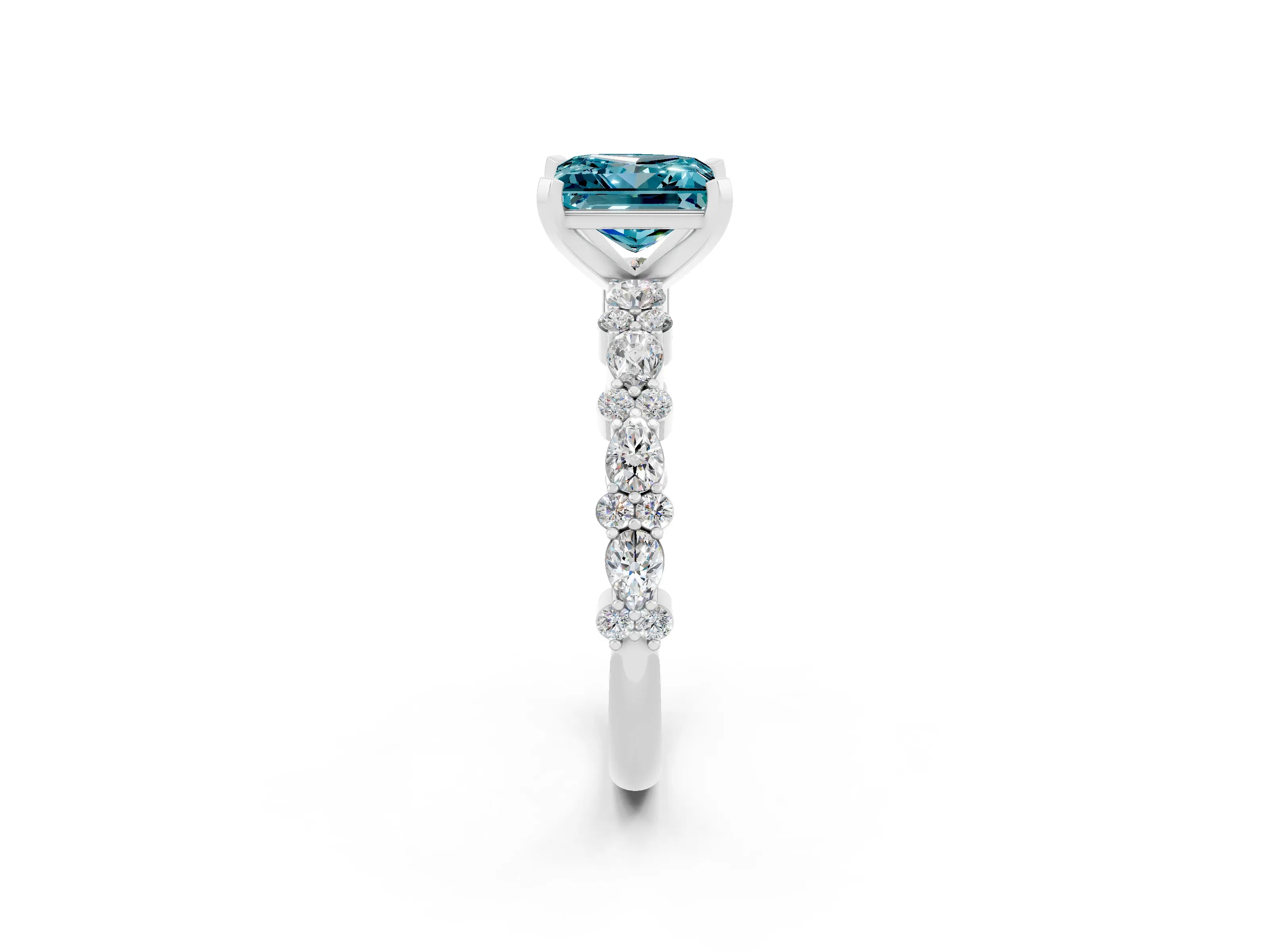 White gold Princess Cut Blue Topaz Solitaire with Side Stones, Pave Band, Four-Prong Setting_26