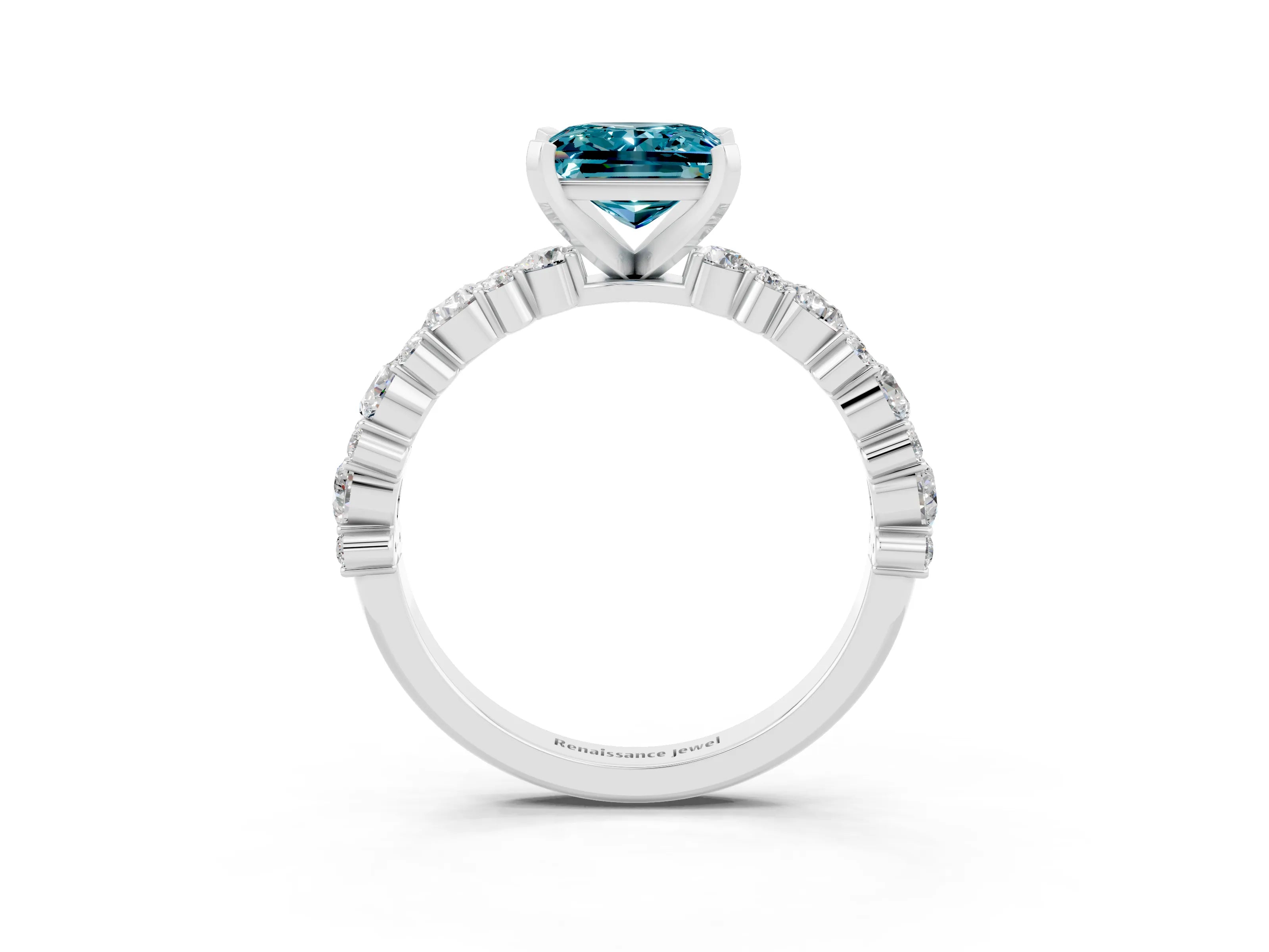 White gold Princess Cut Blue Topaz Solitaire with Side Stones, Pave Band, Four-Prong Setting_27