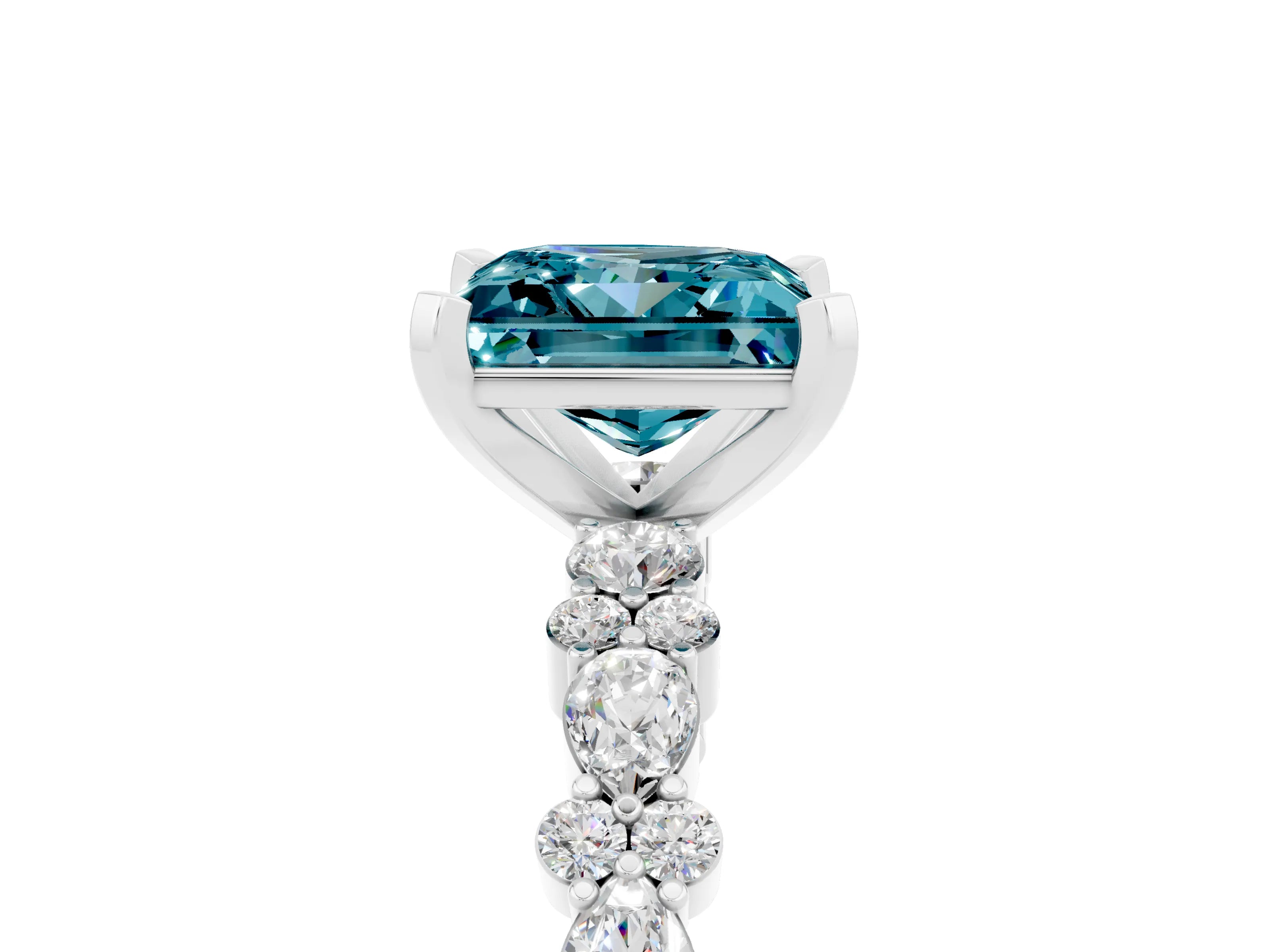 White gold Princess Cut Blue Topaz Solitaire with Side Stones, Pave Band, Four-Prong Setting_29