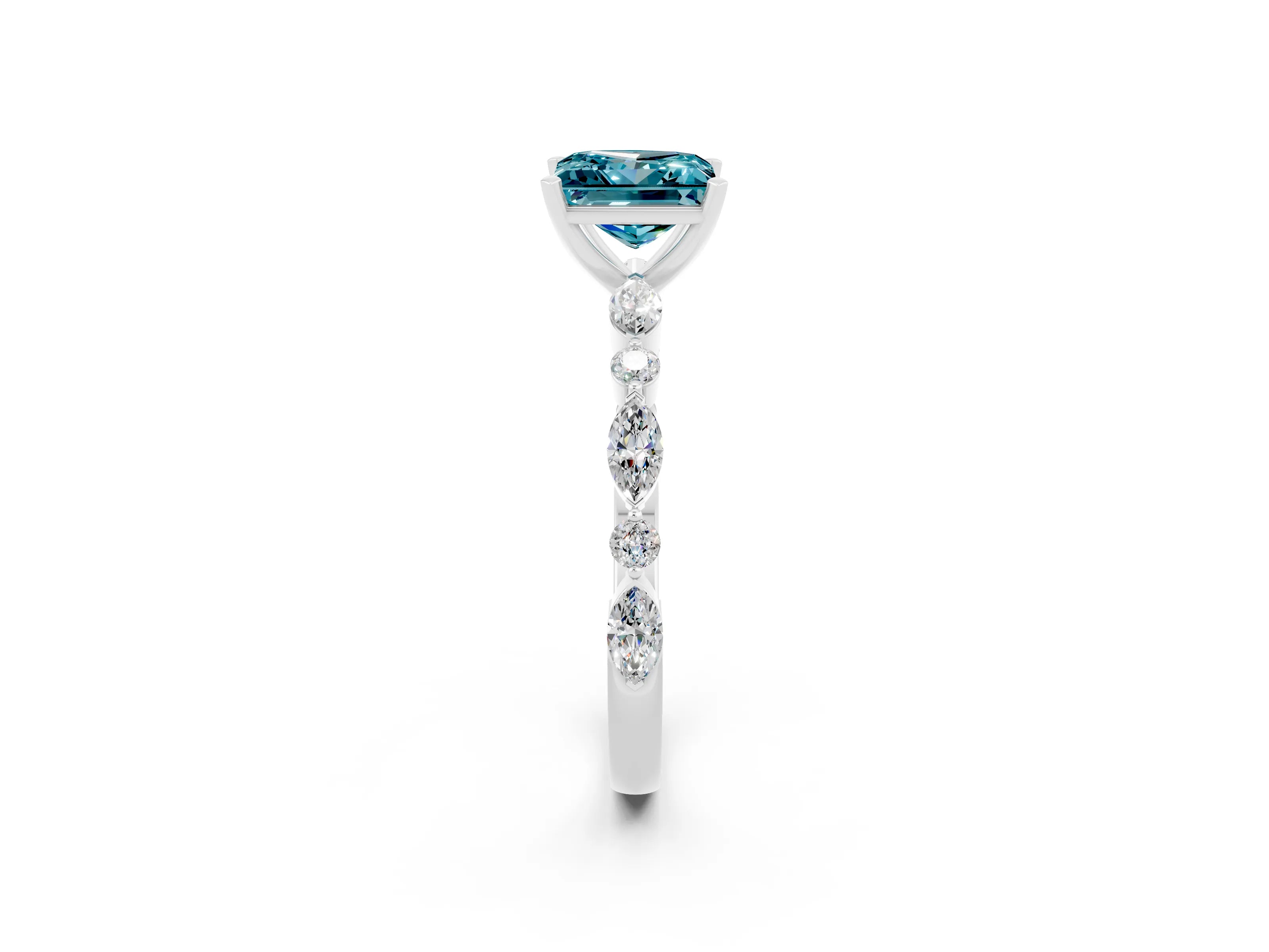 White gold Princess Cut Blue Topaz Solitaire with Side Stones on a Pavé Band and Four-Prong Setting_2