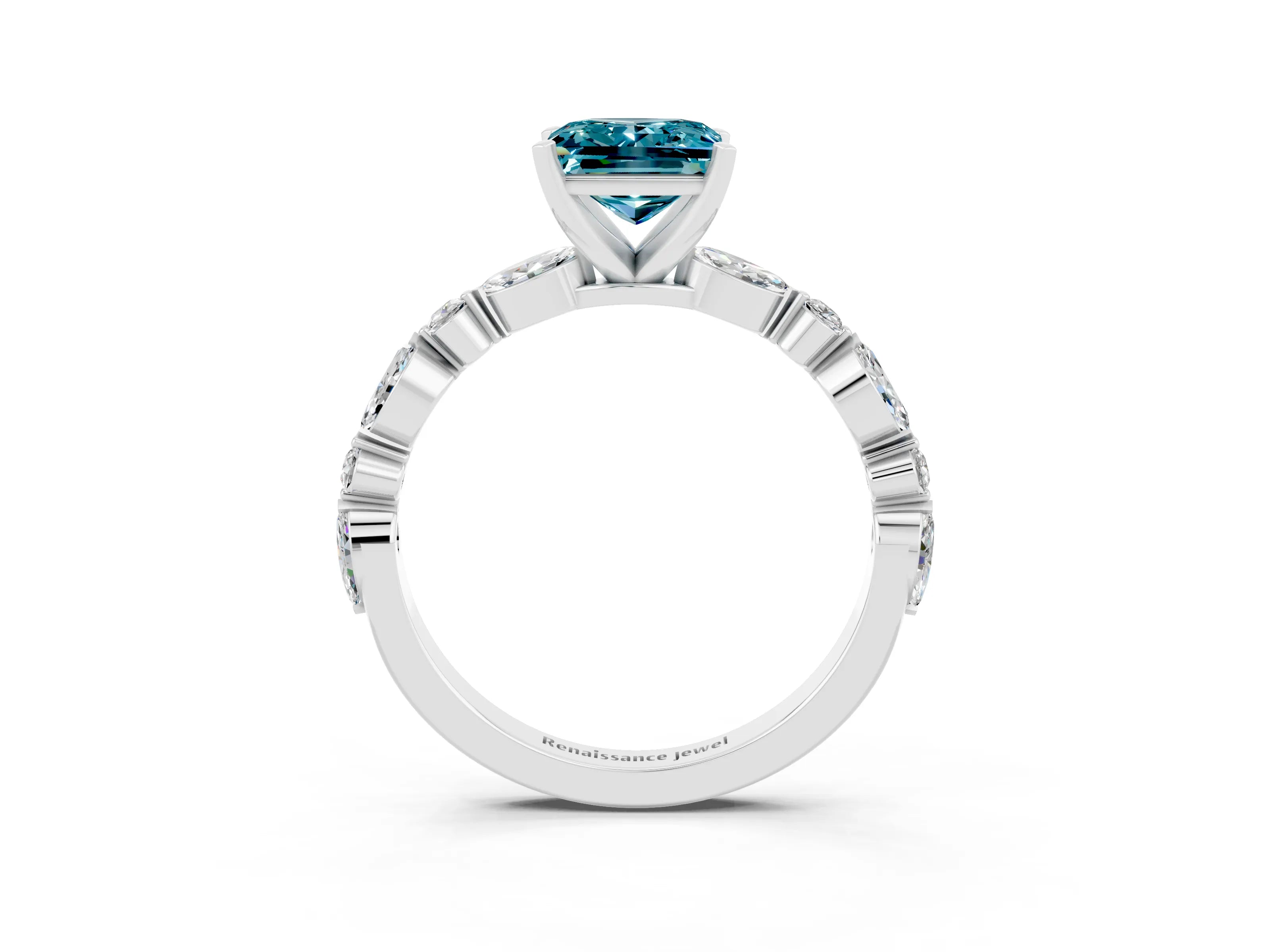 White gold Princess Cut Blue Topaz Solitaire with Side Stones on a Pavé Band and Four-Prong Setting_3