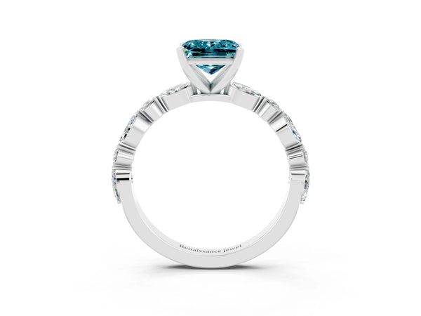 White gold Princess Cut Blue Topaz Ring with Marquise and Round  Side Stones and Four-Prong Setting