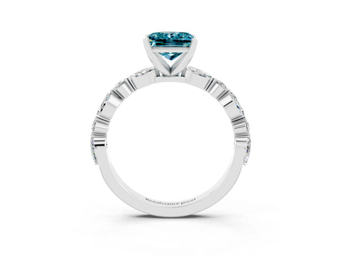 White gold Princess Cut Blue Topaz Solitaire with Side Stones on a Pavé Band and Four-Prong Setting_3