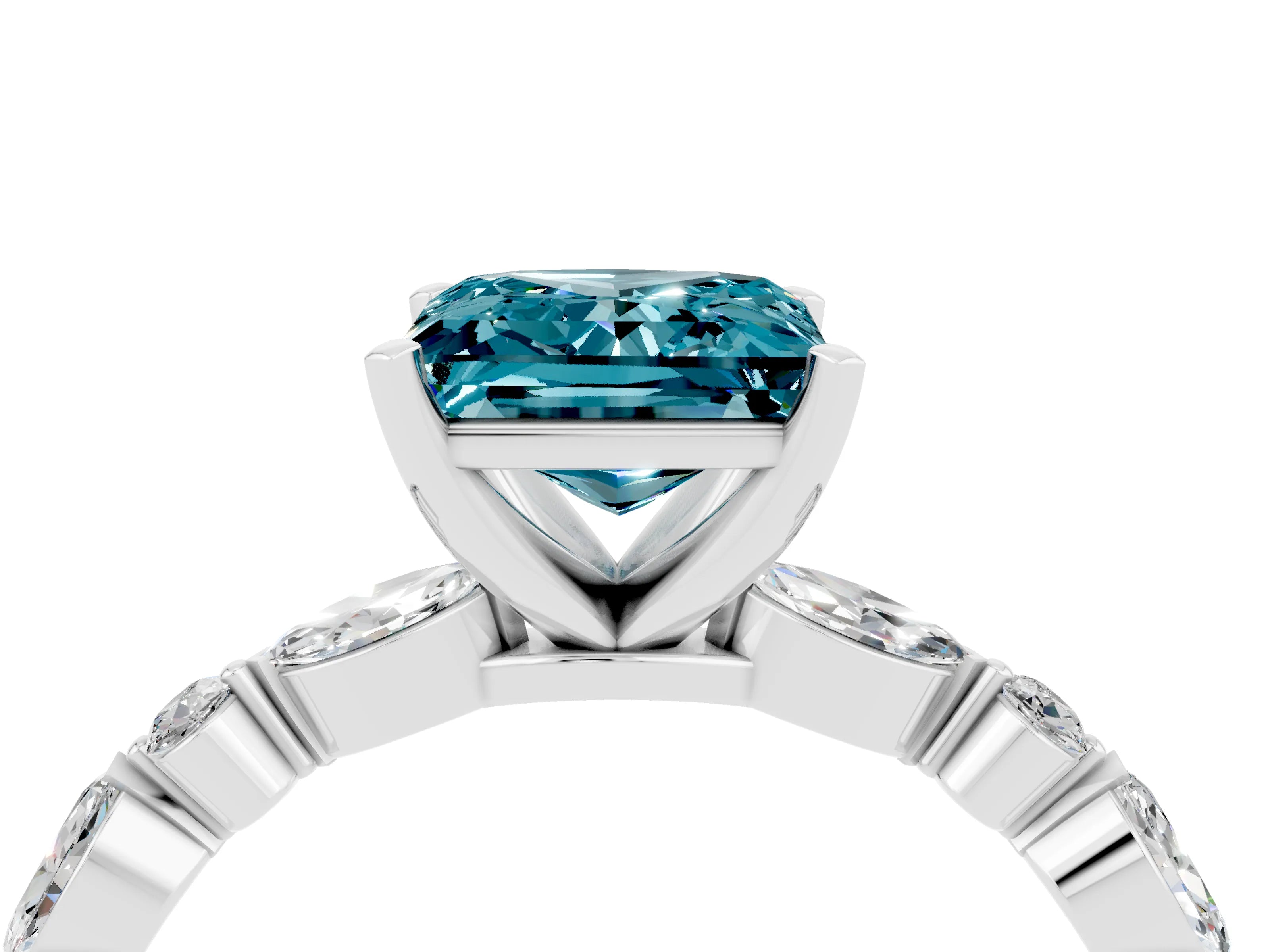White gold Princess Cut Blue Topaz Solitaire with Side Stones on a Pavé Band and Four-Prong Setting_4