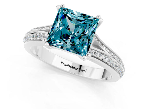 Silver Princess Cut Blue Topaz Split Shank Engagement Ring with Pavé Band