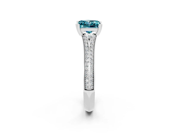 White gold Princess Cut Blue Topaz Split Shank Engagement Ring with Pavé Band