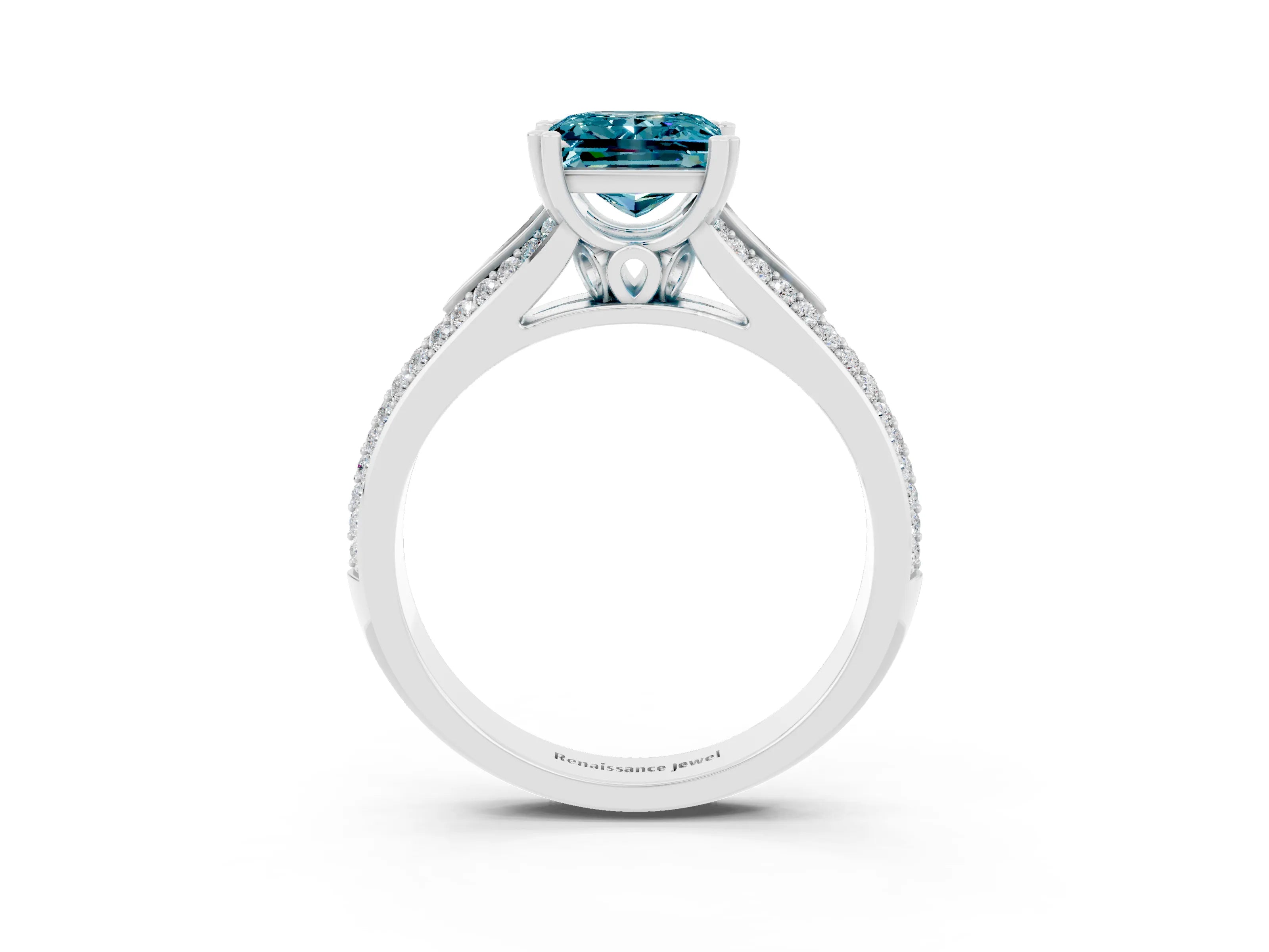 White gold Princess Cut Blue Topaz Split Shank Engagement Ring with Pavé Band_3