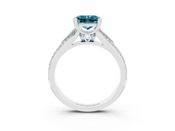 White gold Princess Cut Blue Topaz Split Shank Engagement Ring with Pavé Band