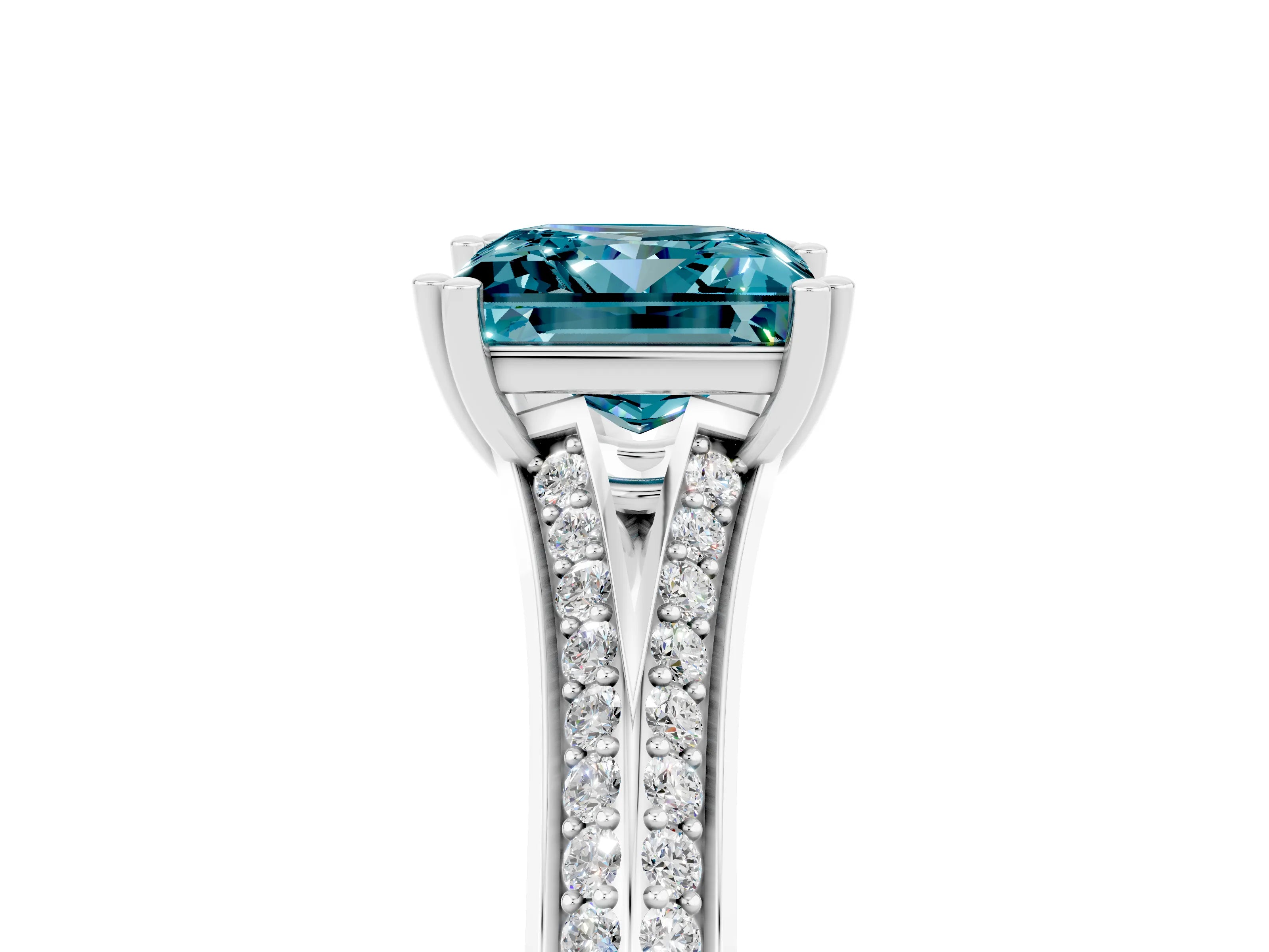 White gold Princess Cut Blue Topaz Split Shank Engagement Ring with Pavé Band_5