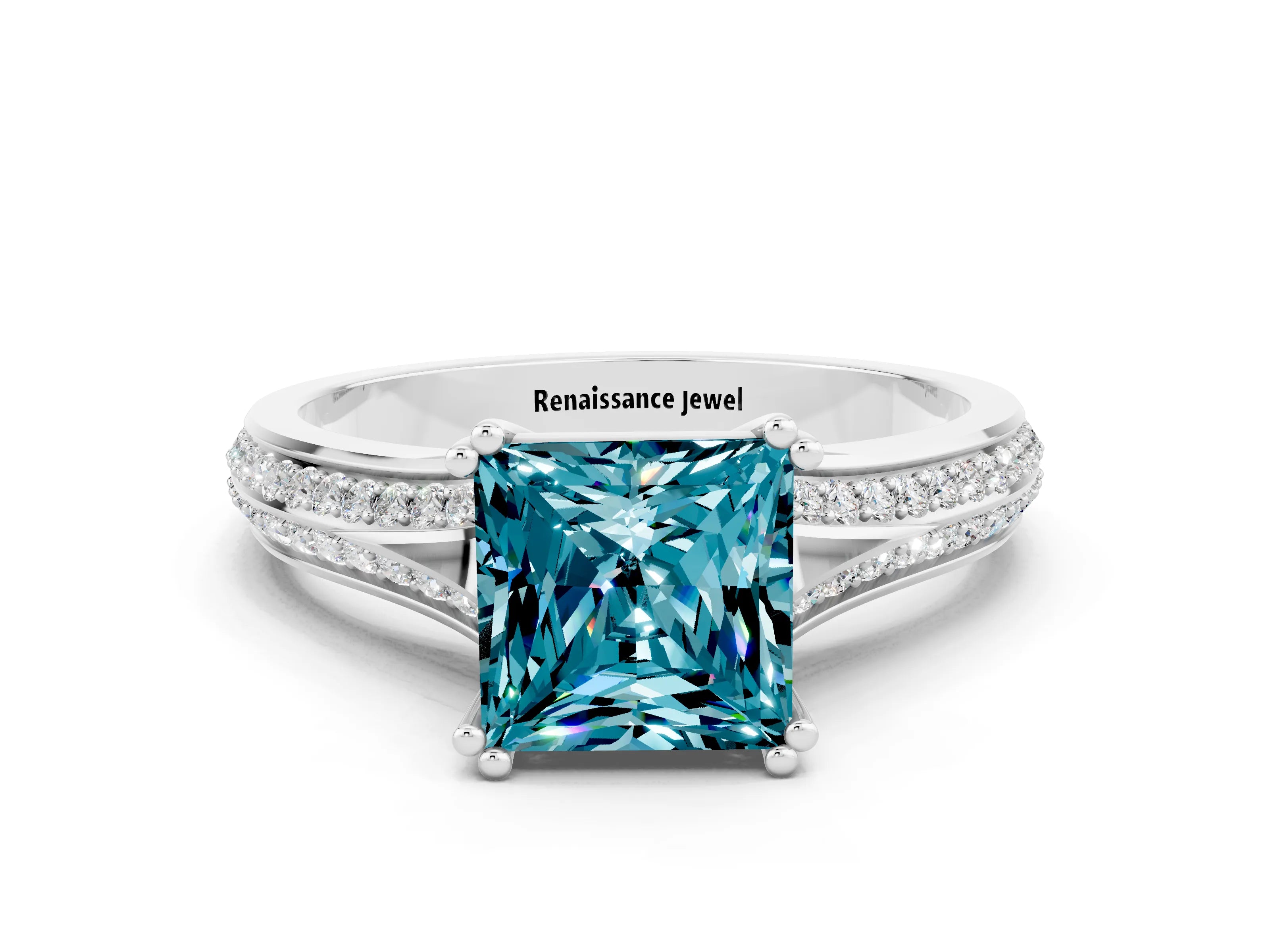 White gold Princess Cut Blue Topaz Split Shank Engagement Ring with Pavé Band