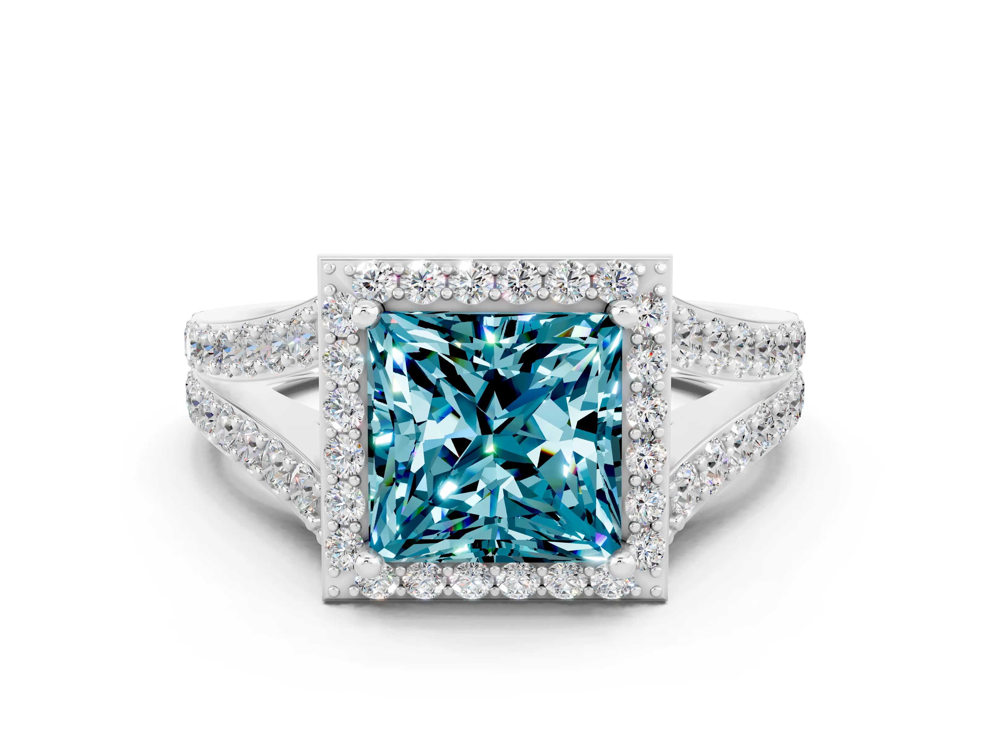 White gold Princess Cut Blue Topaz Split Shank Halo Ring with Four-Prong Setting_58