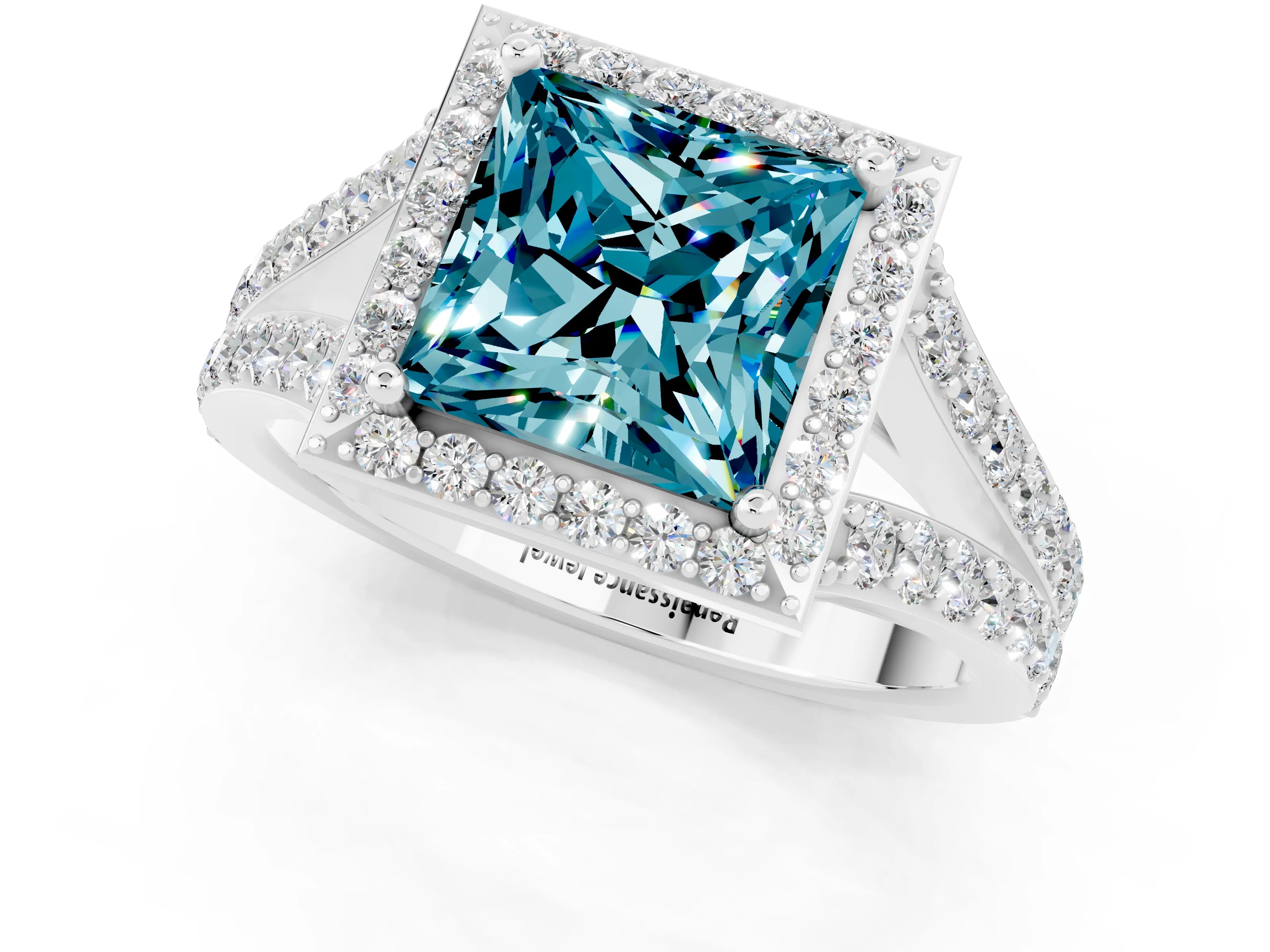 White gold Princess Cut Blue Topaz Split Shank Halo Ring with Four-Prong Setting_59